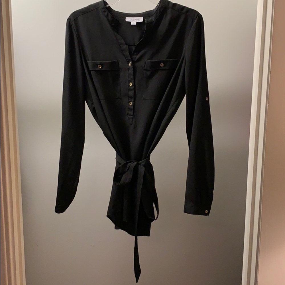 Calvin Klein black silk blouse, waist tie detail